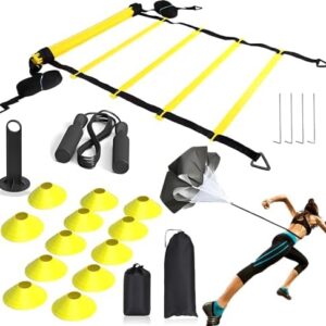 CHIWALLO Speed Agility Training Equipment Set, 20ft 12 Rungs Agility Ladder,12 Soccer Cones, Jump Rope, Running Parachute, Basketball Football Soccer Training Equipment for Kids Youth Adults