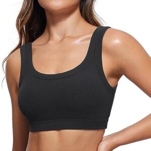 CRZ YOGA Ribbed Sports Bras for Women - U Back Wireless Medium Impact Sports Bra Padded Yoga Workout Bra