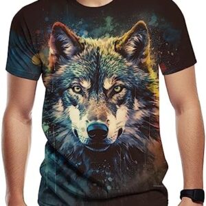 Girren Men's Muscle Fitness Short Sleeve Wolf Printed Personalized Sweatshirt Fashionable T-Shirt