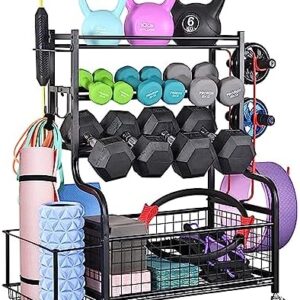 Gym rack for home gym,Weight Rack for Dumbbells,All in One Home Gym Storage Rack,Dumbbell Rack,Yoga Mat Storage Racks,4 Tier Fitness Equipment Storage Organizer,Wheels and Hooks