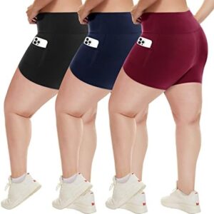 HLTPRO 3 Pack Plus Size Biker Shorts with Pockets for Women - High Waisted Spandex Athletic Bike Shorts for Yoga Workout