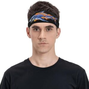 Shark with Flames Headband for Men Women Sports Sweatband for Fitness Exercise Moisture Wicking Running Yoga Hairbands