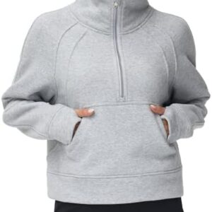 THE GYM PEOPLE Womens' Half Zip Pullover Fleece Stand Collar Crop Sweatshirt with Pockets Thumb Hole