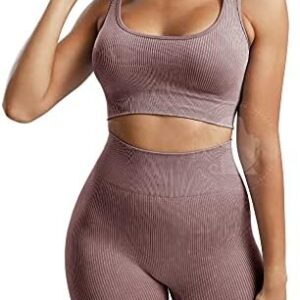 YEOREO Women 2 Pieces Workout Set High Waist Seamless Yoga Outfit Ribbed Sports Bra V Neck Sleeveless Activewear