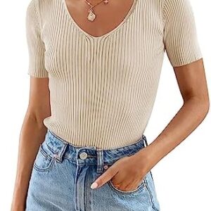 ZESICA Women's 2023 Short Sleeve V Neck Slim Fit T Shirts Summer Casual Ribbed Knit Solid Color Basic Tee Tops