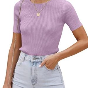 ZESICA Women's Short Sleeve Crewneck Ribbed Knit Slim Fit T Shirt 2023 Summer Basic Solid Color Tee Tops